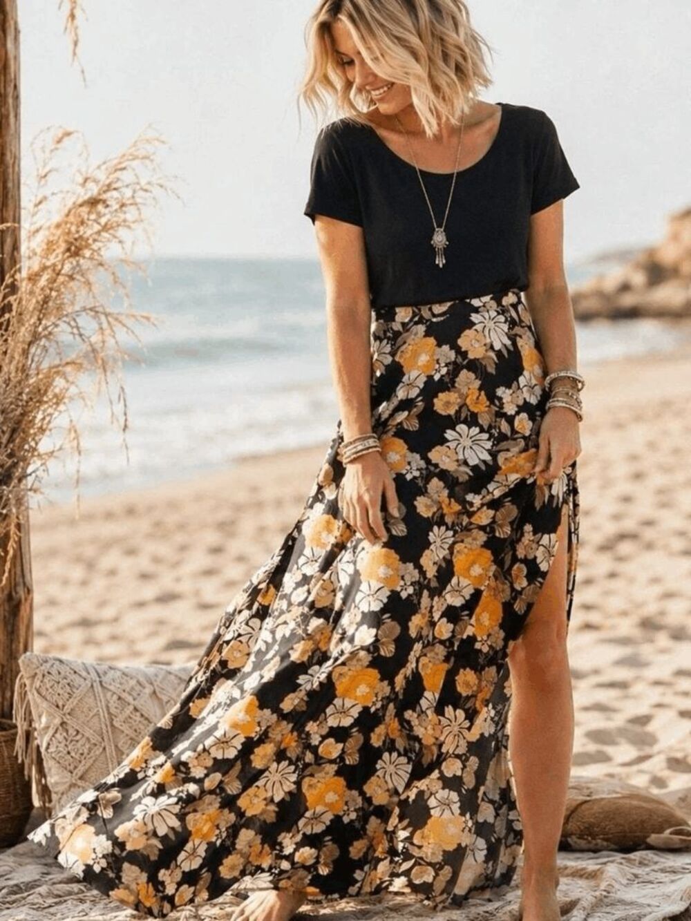 Natural Life Marigold Floral Side-Slit Maxi Skirt Women's Size Large NWT